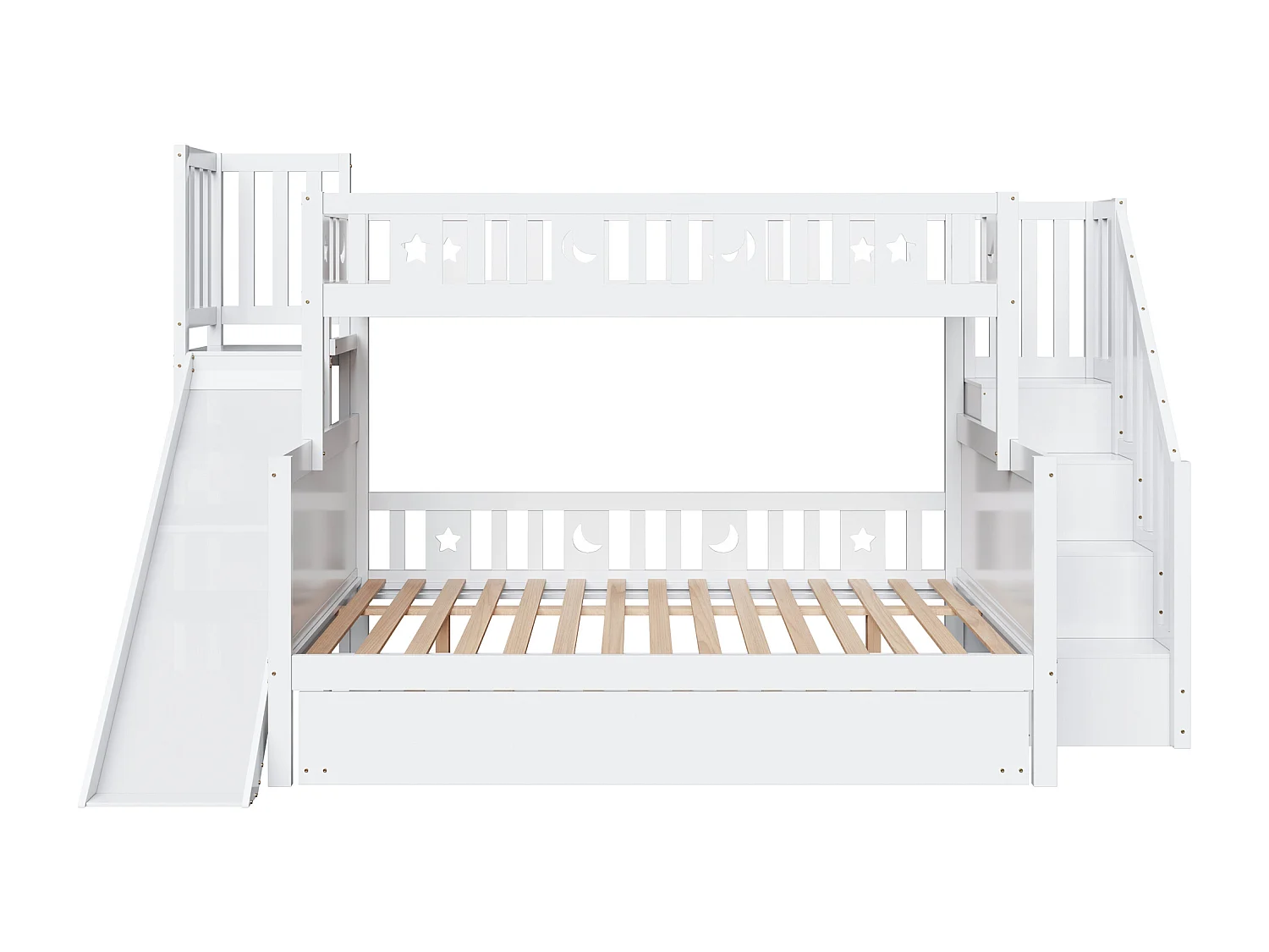 Lit superposé 90x200/140x200 cm avec toboggan et échelle de rangement, barrière de sécurité, sans matelas