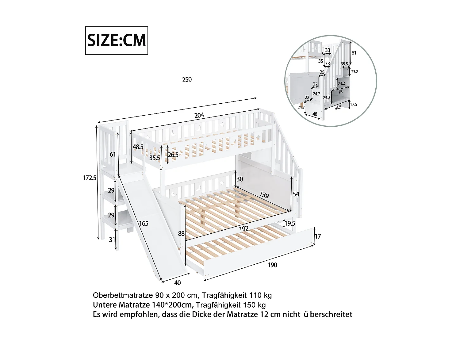 Lit superposé 90x200/140x200 cm avec toboggan et échelle de rangement, barrière de sécurité, sans matelas