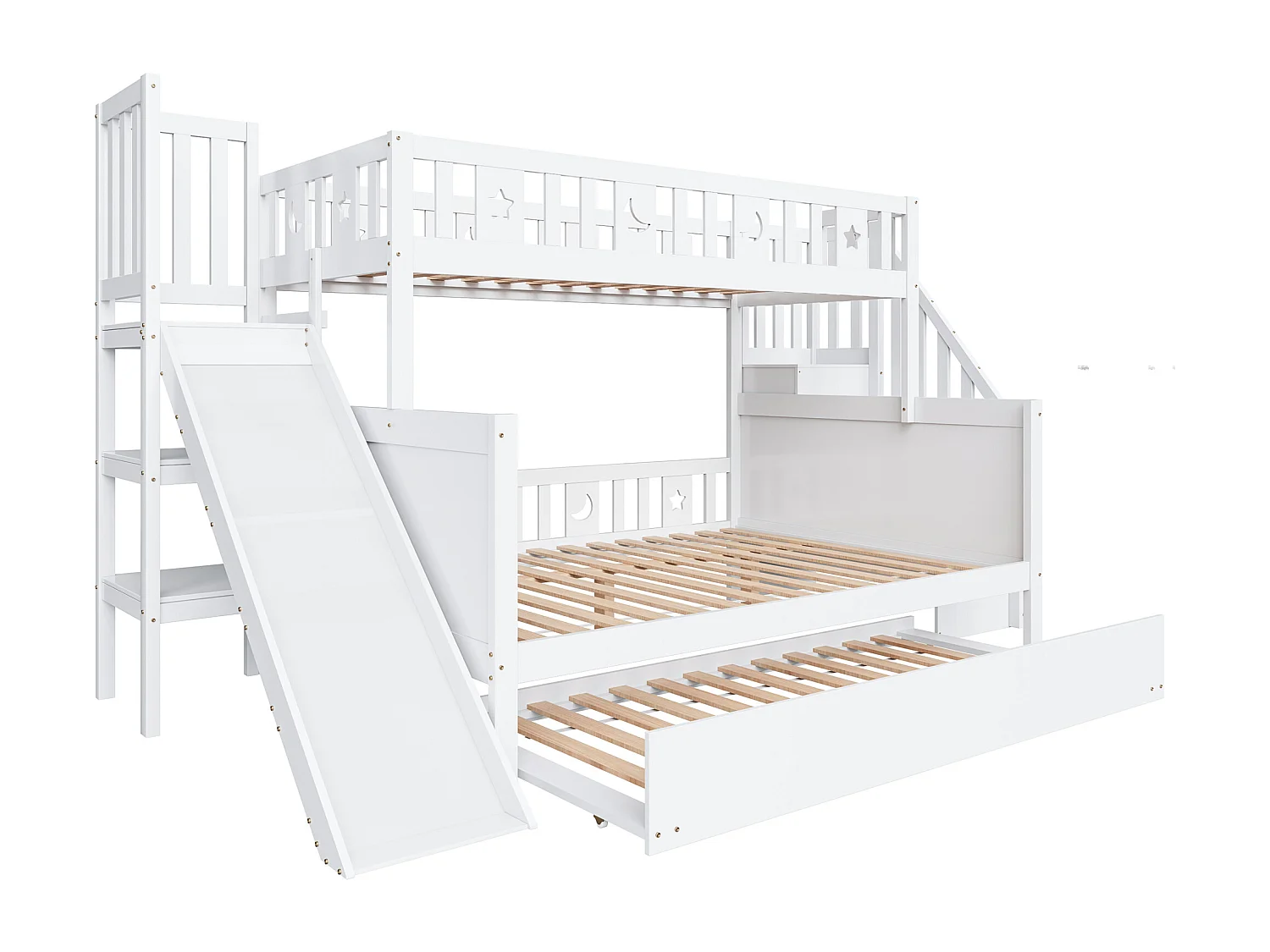 Lit superposé 90x200/140x200 cm avec toboggan et échelle de rangement, barrière de sécurité, sans matelas