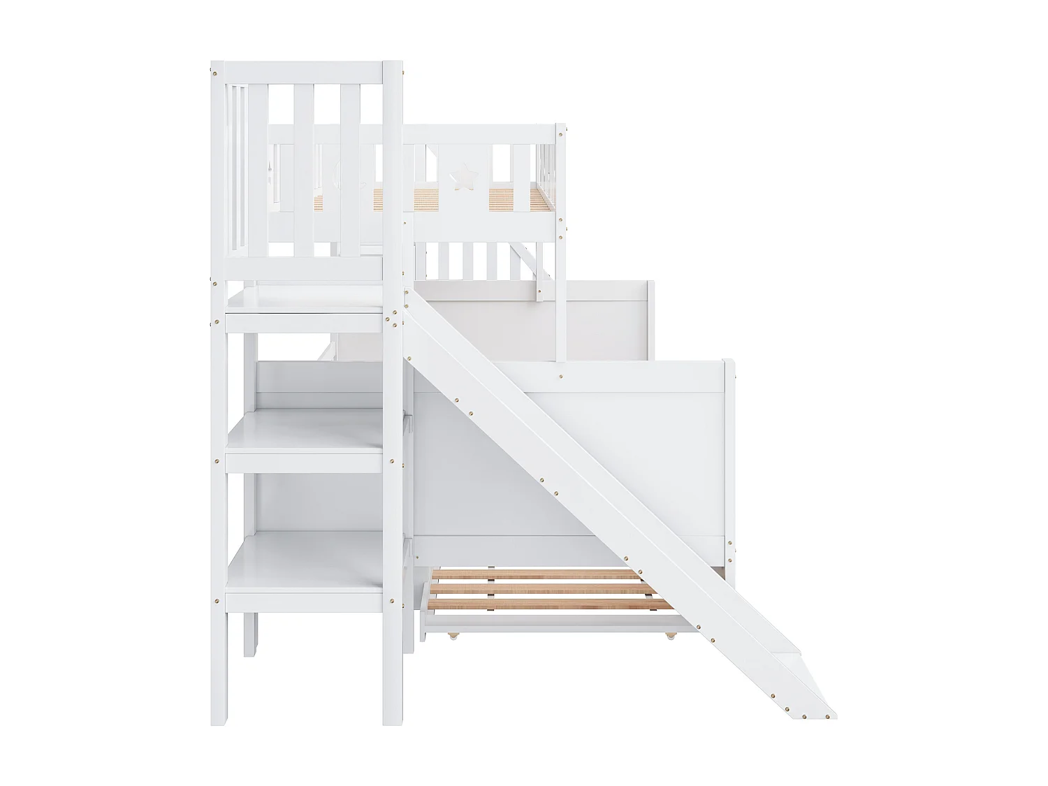 Lit superposé 90x200/140x200 cm avec toboggan et échelle de rangement, barrière de sécurité, sans matelas