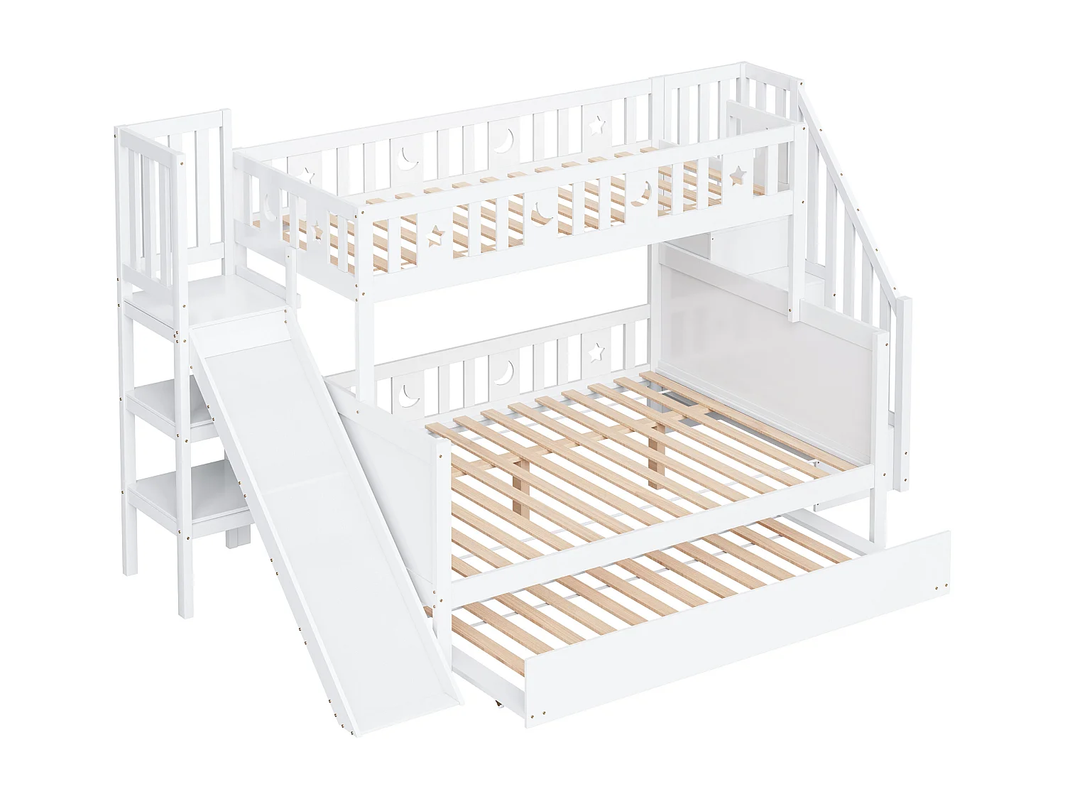 Lit superposé 90x200/140x200 cm avec toboggan et échelle de rangement, barrière de sécurité, sans matelas
