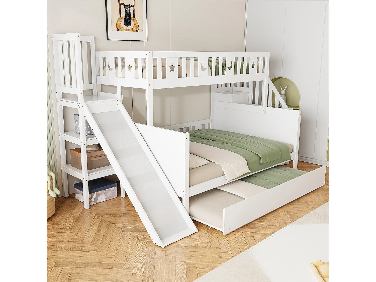 Stapelbed 90x200cm/140x200cm - Met Glijbaan En Uitschuifbed 90x190cm - Met Veiligheidsladder En Groot Opbergvak - Massief Hout - Wit - Zonder Matras