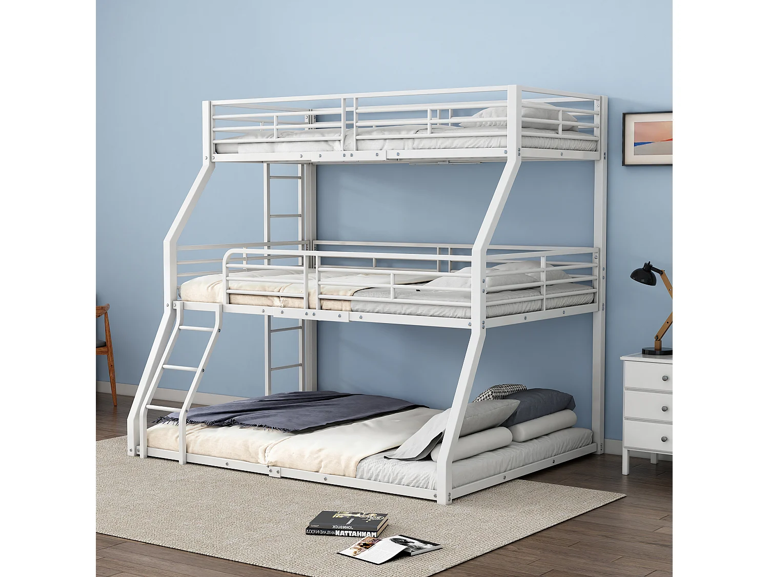 Lit superposé enfant, 90x200cm, 120x200cm et 140x200cm, style simple, 3 sommiers, métal blanc, sans matelas