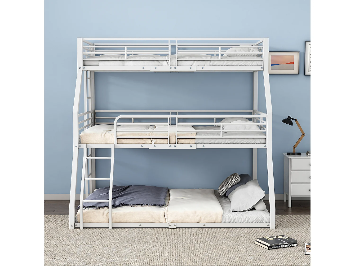 Lit superposé enfant, 90x200cm, 120x200cm et 140x200cm, style simple, 3 sommiers, métal blanc, sans matelas