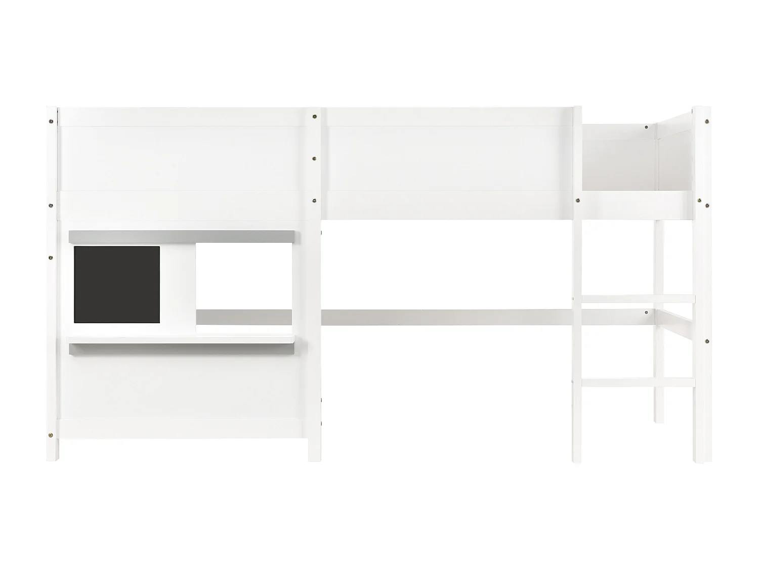 Lit superposé 90x200 cm, avec barrières de sécurité, tableau noir, échelle, bois blanc, sans matelas