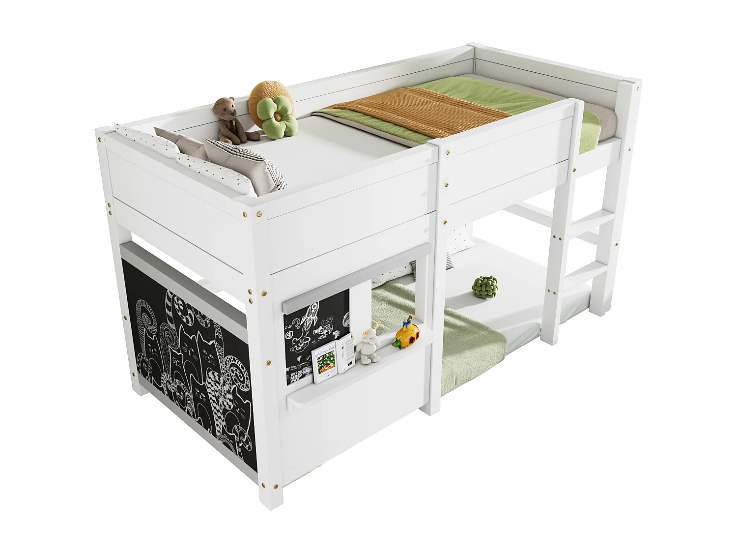 Lit Enfants Maison 90 x 200 cm - En Bois Massif Scandinave - Avec Tableau À Craie, Petite Étagère Et Escalier 3 Marches - Sans Matelas - Blanc