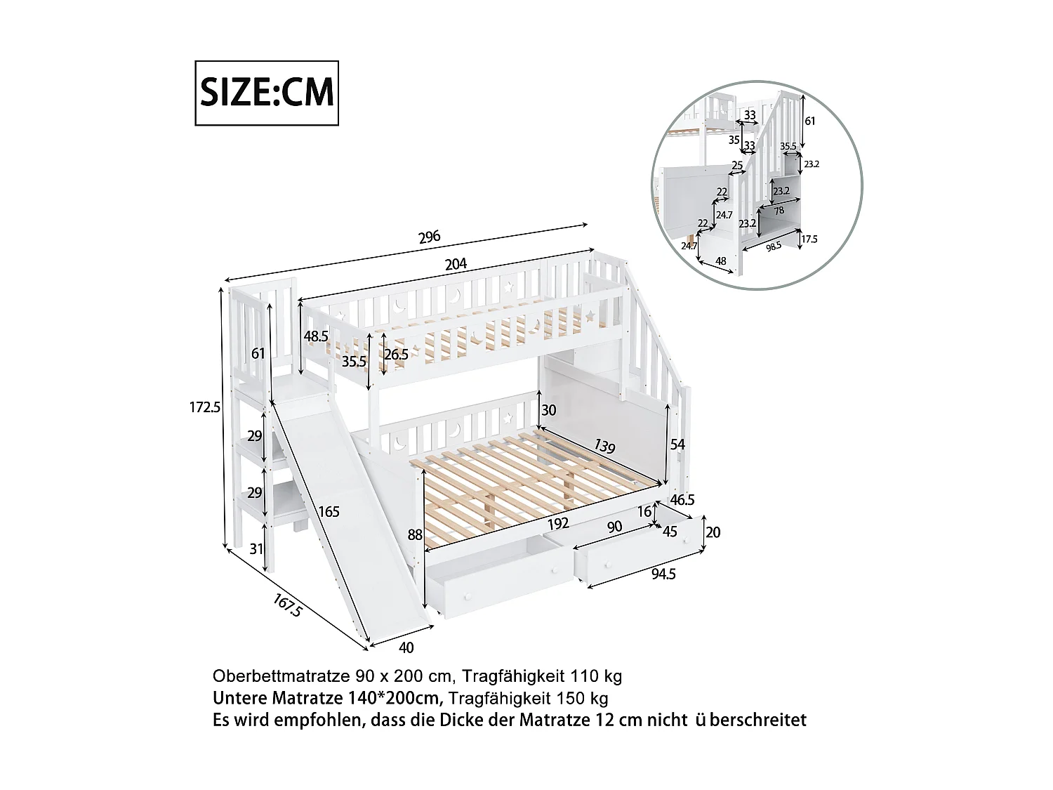 Lit superposé enfant 90x200/140x200 cm, en bois avec toboggan et rangement, 2 tiroirs, blanc, sans matelas