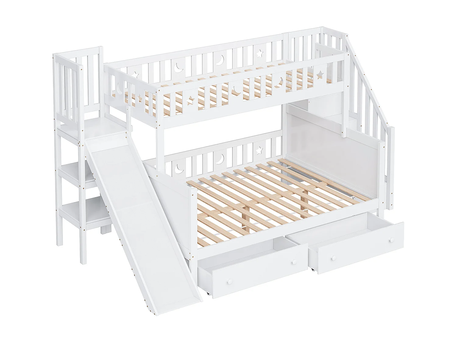 Etagebed 90x200/140x200 cm - Veiligheidsglijbaan & Veiligheidsladder - Lattenbodem en 2 Laden - Kinderkamer - Massief Hout - Wit Zonder matras