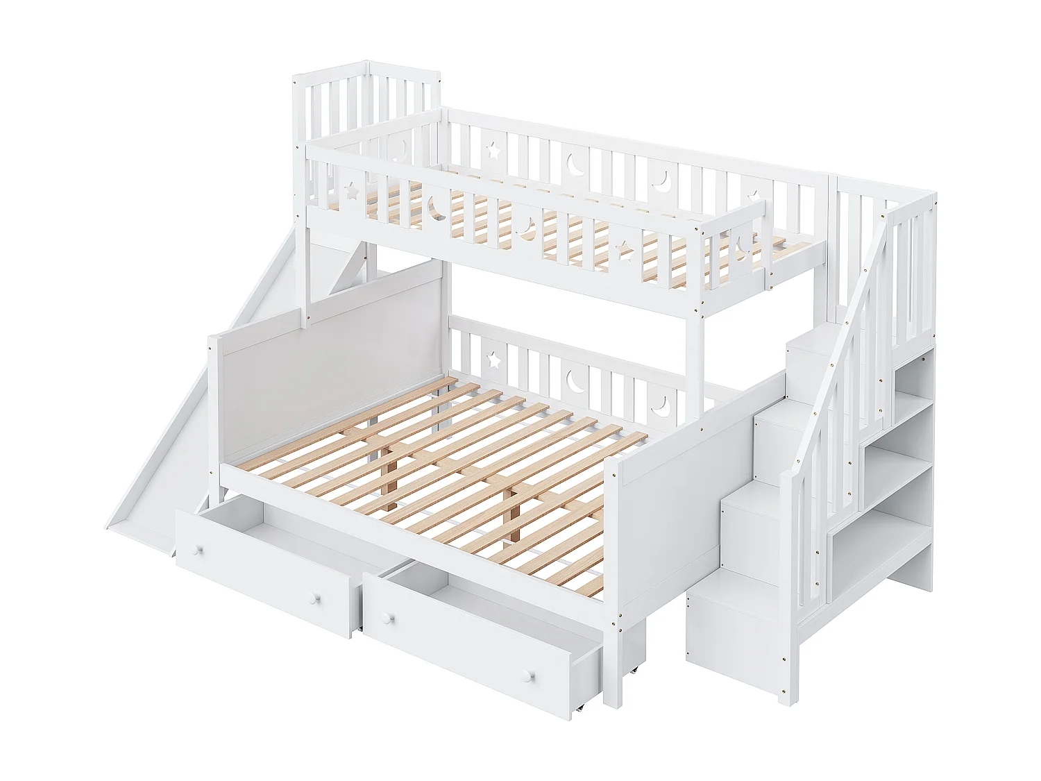 Etagebed 90x200/140x200 cm - Veiligheidsglijbaan & Veiligheidsladder - Lattenbodem en 2 Laden - Kinderkamer - Massief Hout - Wit Zonder matras