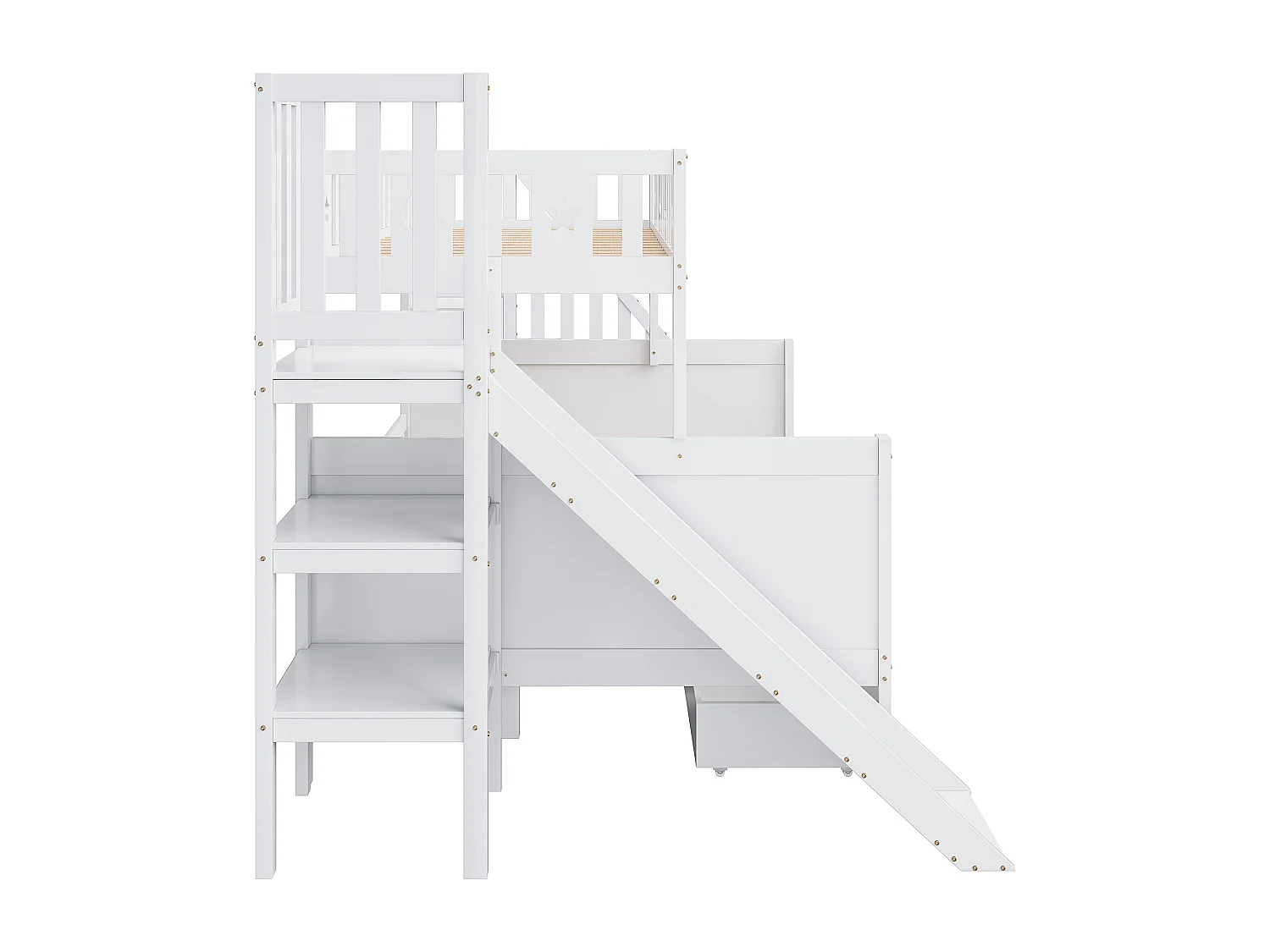 Etagebed 90x200/140x200 cm - Veiligheidsglijbaan & Veiligheidsladder - Lattenbodem en 2 Laden - Kinderkamer - Massief Hout - Wit Zonder matras