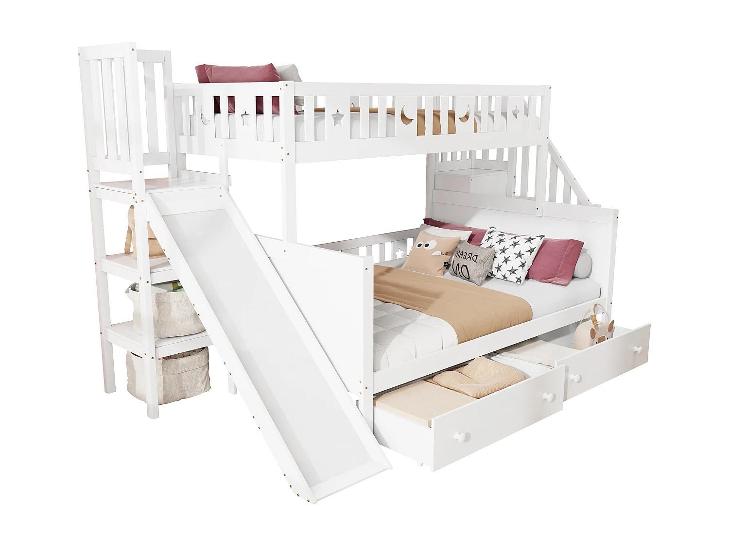 Etagebed 90x200/140x200 cm - Veiligheidsglijbaan & Veiligheidsladder - Lattenbodem en 2 Laden - Kinderkamer - Massief Hout - Wit Zonder matras