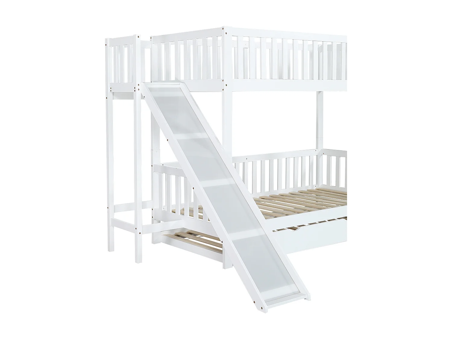 Lit superposé lit gigogne 90x200/190 cm, toboggan et échelle, 2 tiroirs, blanc, bois, sans matelas