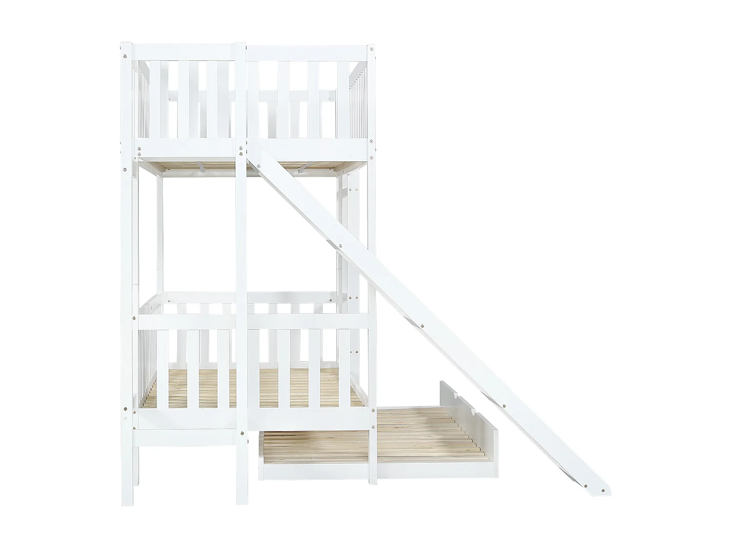 Lit superposé lit gigogne 90x200/190 cm, toboggan et échelle, 2 tiroirs, blanc, bois, sans matelas