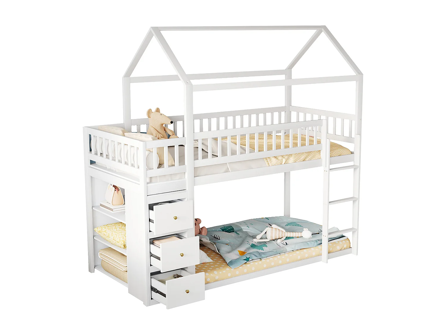 Lit superposé 140x200 cm avec rangement, lit cabane, 1 sommier, pin, contreplaqué, MDF, blanc, sans matelas