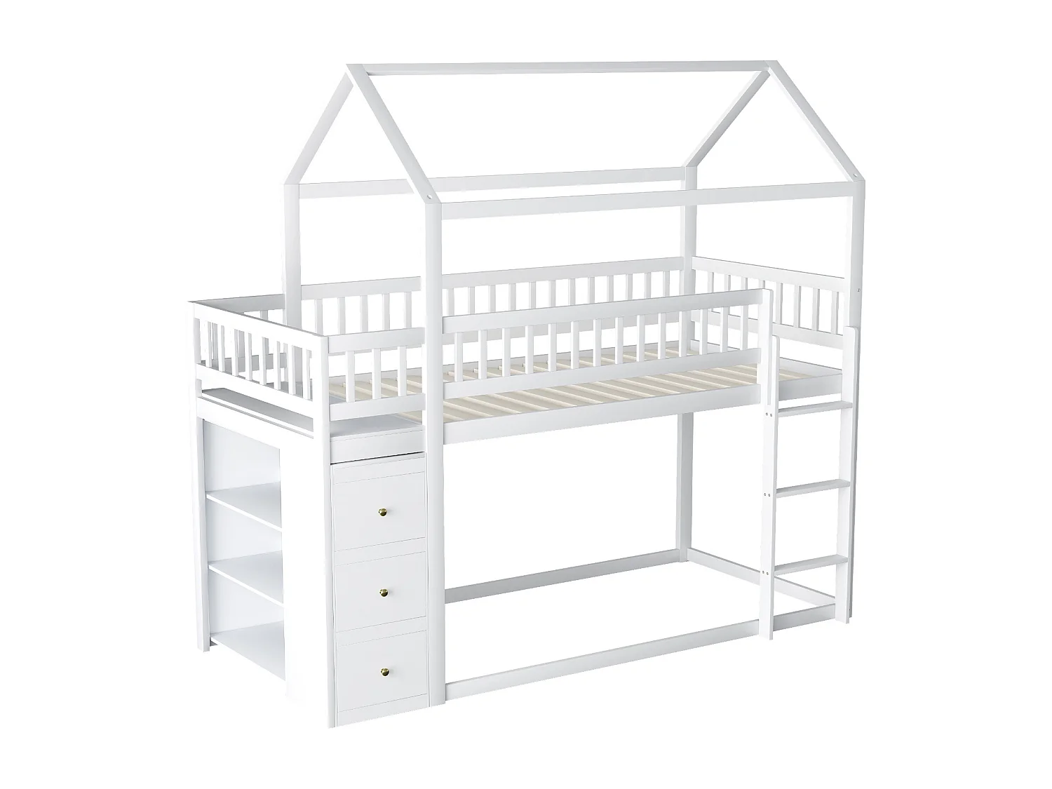 Lit superposé 140x200 cm avec rangement, lit cabane, 1 sommier, pin, contreplaqué, MDF, blanc, sans matelas