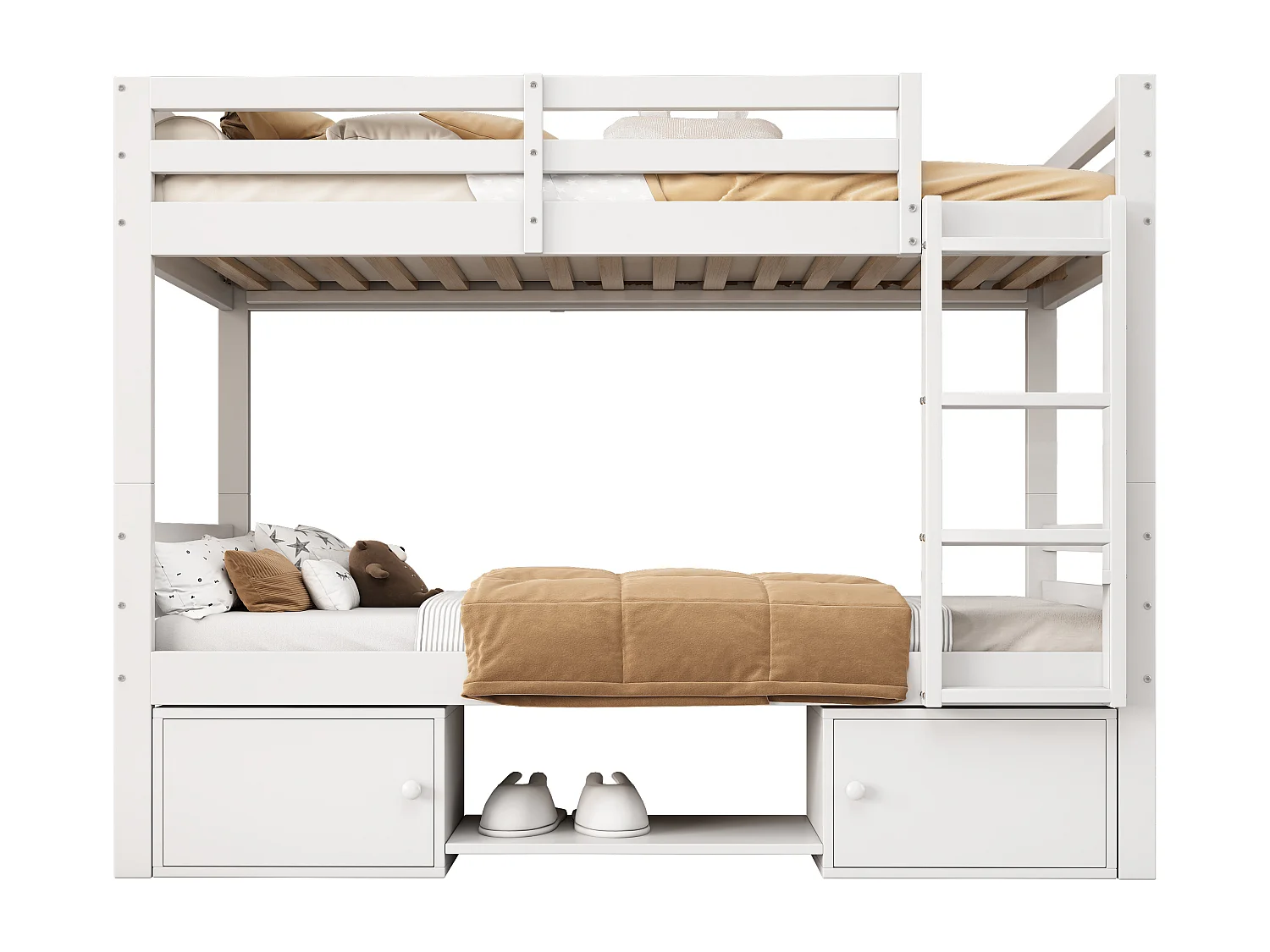 Lit superposé moderne 90x200 cm, rangement, divisé en 2 lits simples, Pin et MDF, blanc, sans matelas