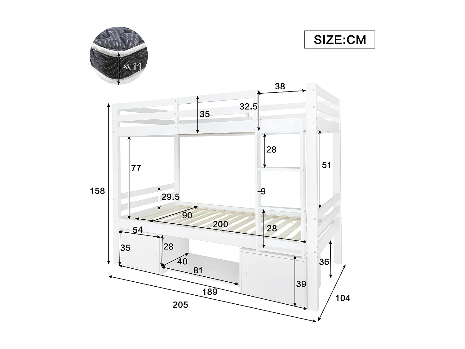 Lit Superposé 90 x 200 cm - Convertible en 2 Lits Simples - En Bois Massif+MDF - Rangements Intégrés - Blanc - Sans Matelas