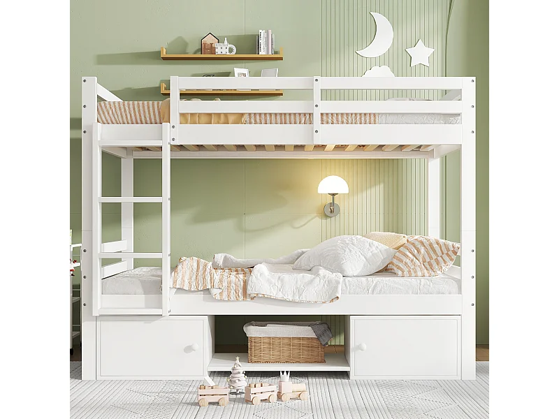 Lit superposé moderne 90x200 cm, rangement, divisé en 2 lits simples, Pin et MDF, blanc, sans matelas