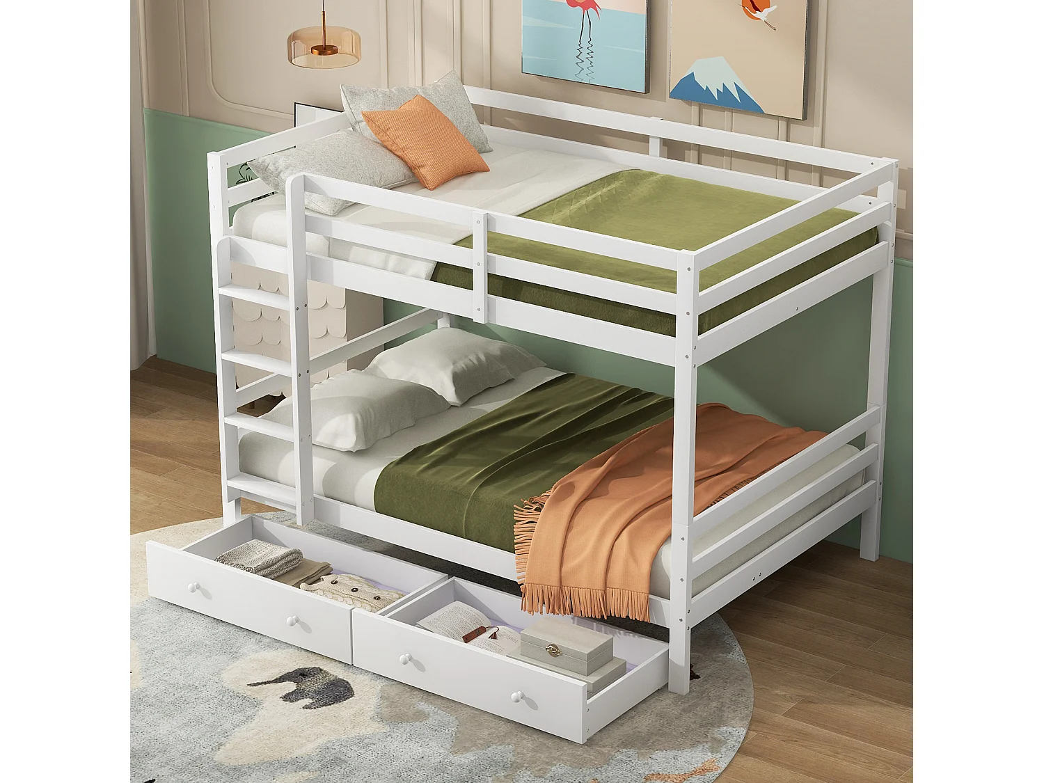 Lit superposé enfant 140x200 cm avec rangements, 2 sommiers, 2 tiroirs, Pin et MDF, blanc, sans matelas