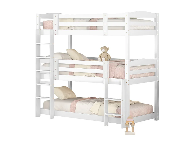 Lit superposé en bois pour enfants, 90x200 cm, lit triple avec échelle, blanc, sans matelas