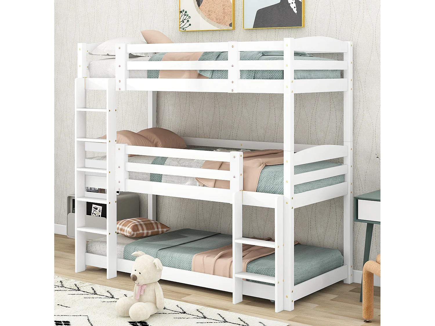 Lit superposé en bois pour enfants, 90x200 cm, lit triple avec échelle, blanc, sans matelas