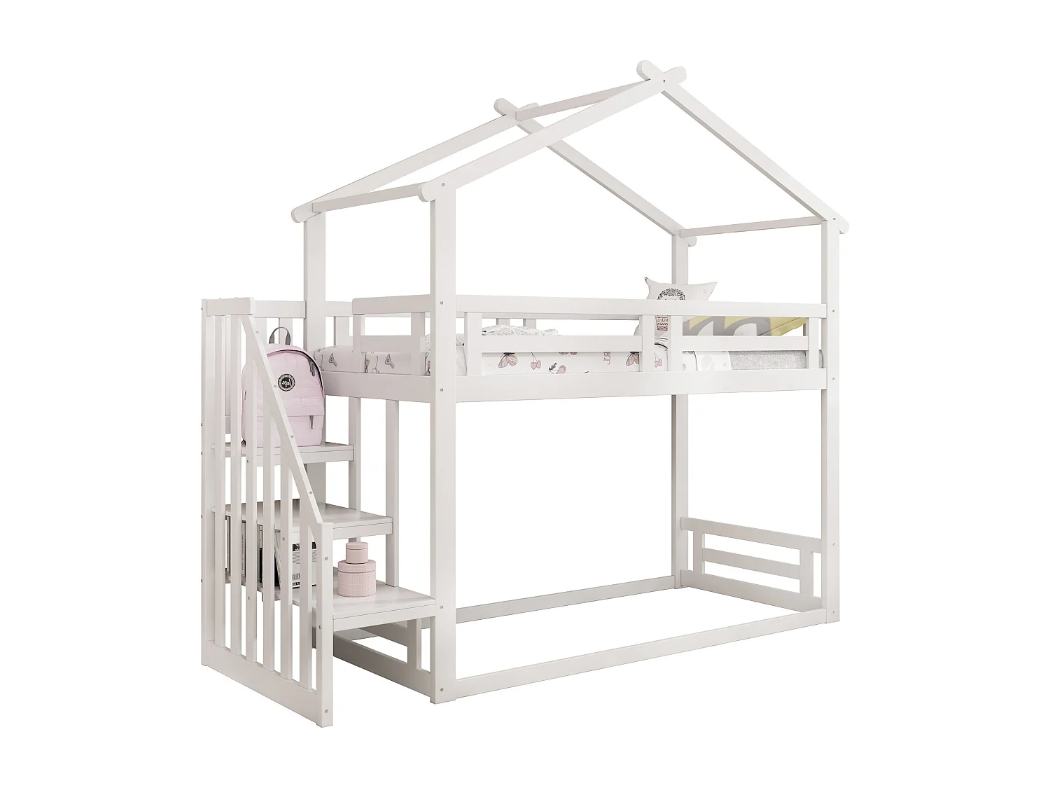 Kinder Stapelbed 90x200 cm - Huisbed Ontwerp - Laag Met Veiligheidsladder En 29 cm Reling - Met Opbergruimte - Grenenhout Wit - Zonder matras