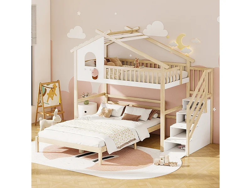 Lit superposé enfant 90/140x200 cm avec rangements, 2 sommiers, pin et MDF, blanc et naturel, sans matelas