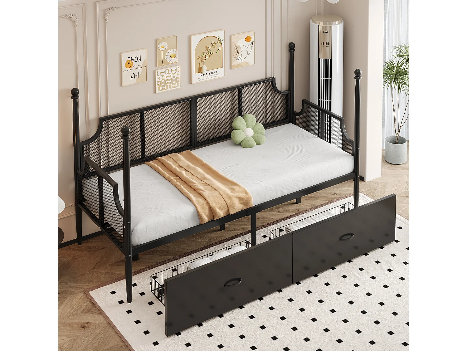 Canapé-lit simple 90x200 cm, 2 tiroirs, dossier et accoudoirs de style vintage, en fer noir, sans matelas