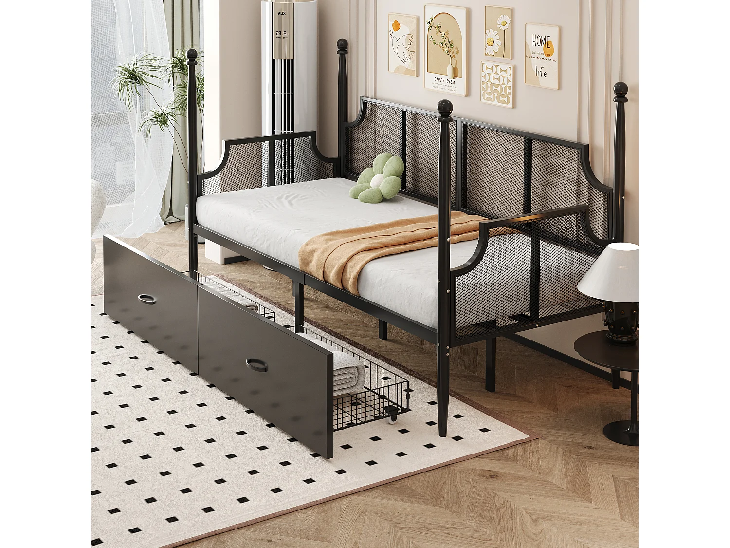 Canapé-lit simple 90x200 cm, 2 tiroirs, dossier et accoudoirs de style vintage, en fer noir, sans matelas