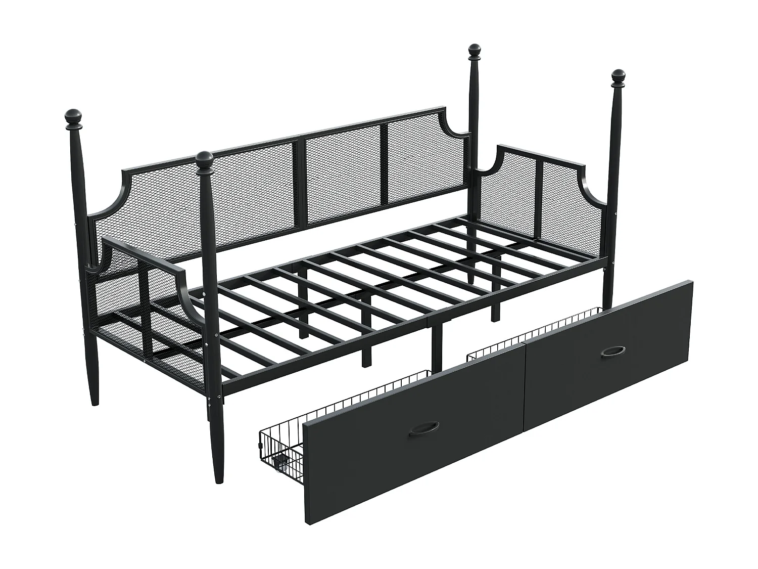 Lit D'appoint 90 x 200 cm - Canapé-Lit En Métal - 2 Tiroirs De Rangement - Dossier Grillé Avec Accoudoirs Vintage - Sans Matelas - Noir