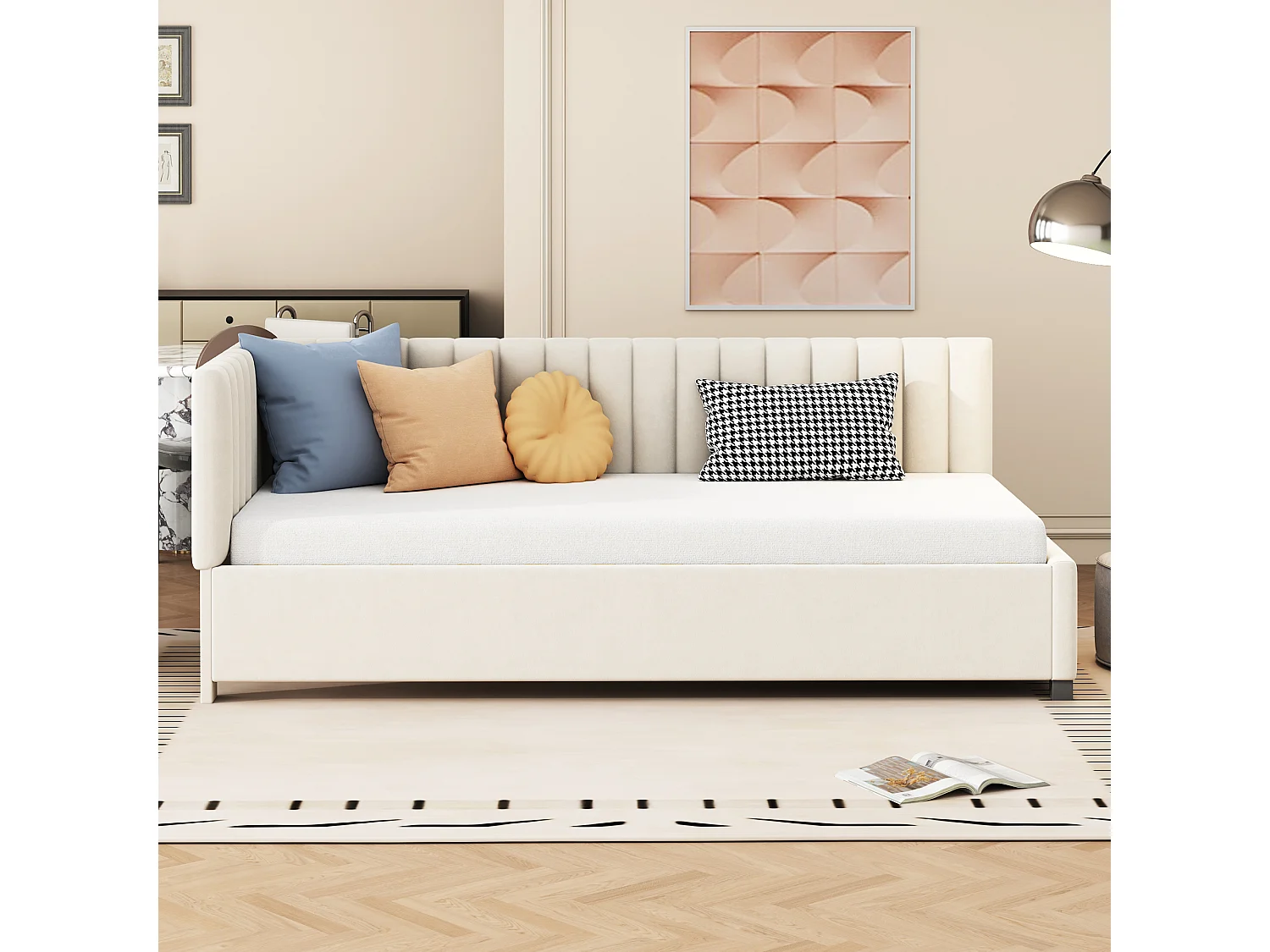 Canapé-lit Lit enfant 90x200 cm avec sommier et tête de lit, velours beige, sans matelas