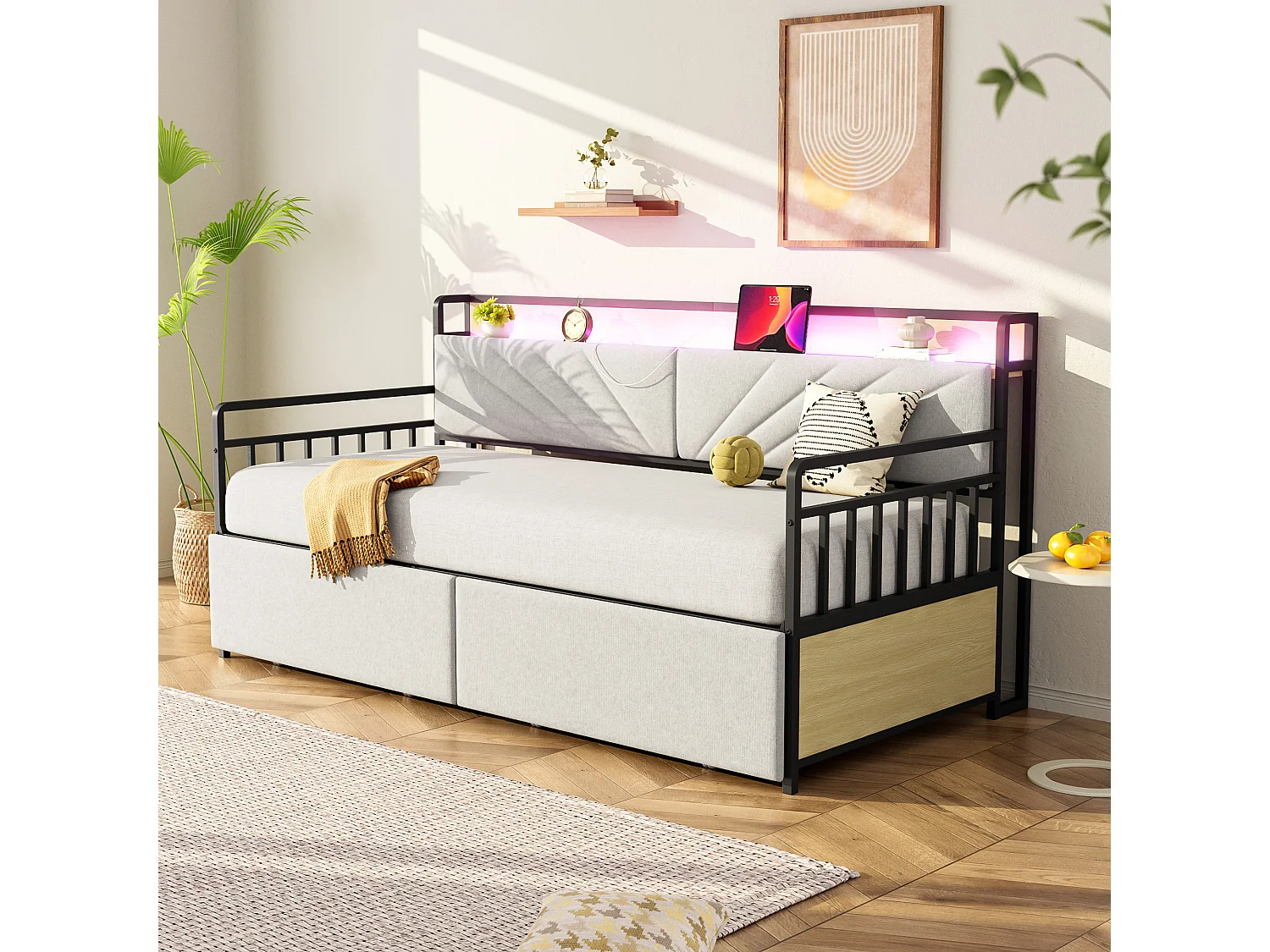 Canapé-lit simple 90x200 cm, 2 tiroirs, LED, prises multifonctions, rangement, en fer beige, sans matelas