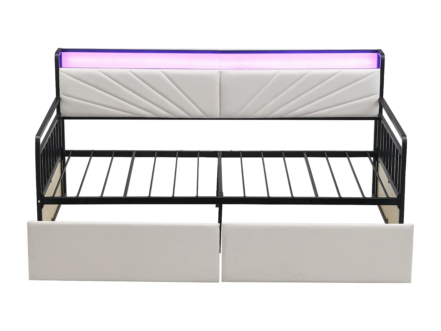 Canapé-lit simple 90x200 cm, 2 tiroirs, LED, prises multifonctions, rangement, en fer beige, sans matelas