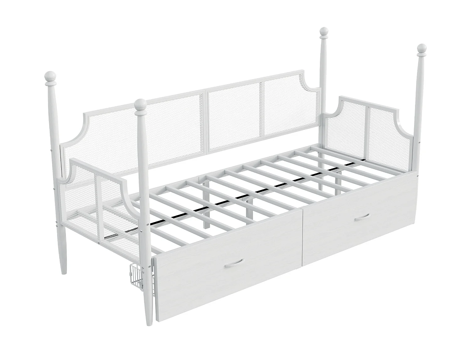 Canapé-lit simple 90x200 cm, 2 tiroirs, dossier et accoudoirs de style vintage, en fer blanc, sans matelas