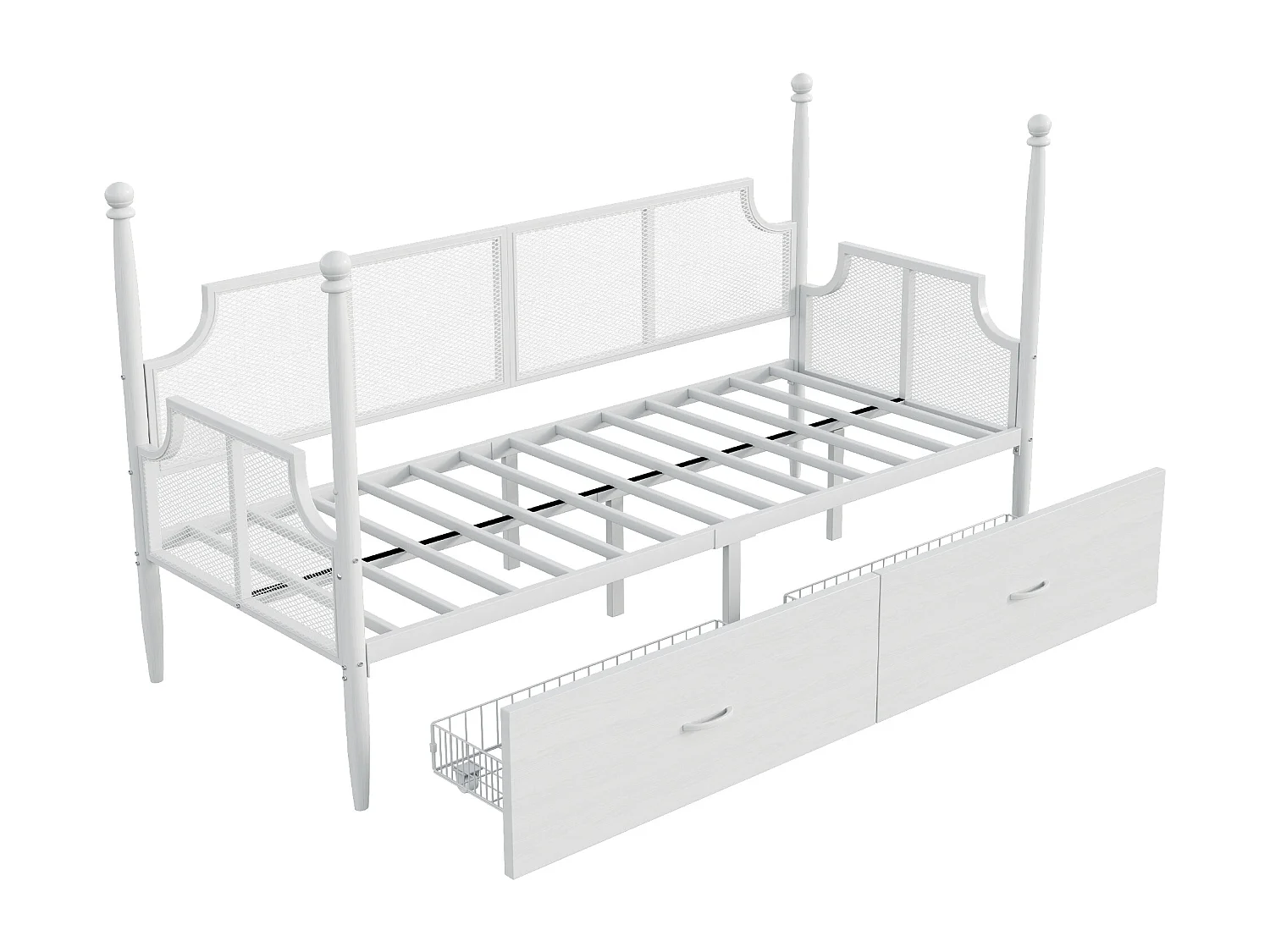 Lit 90x200 cm - Lit sofa métal multifonctionnel - En métal - Avec 2 tiroirs, Dossier filet et Accoudoirs vintage - Sans matelas - Blanc