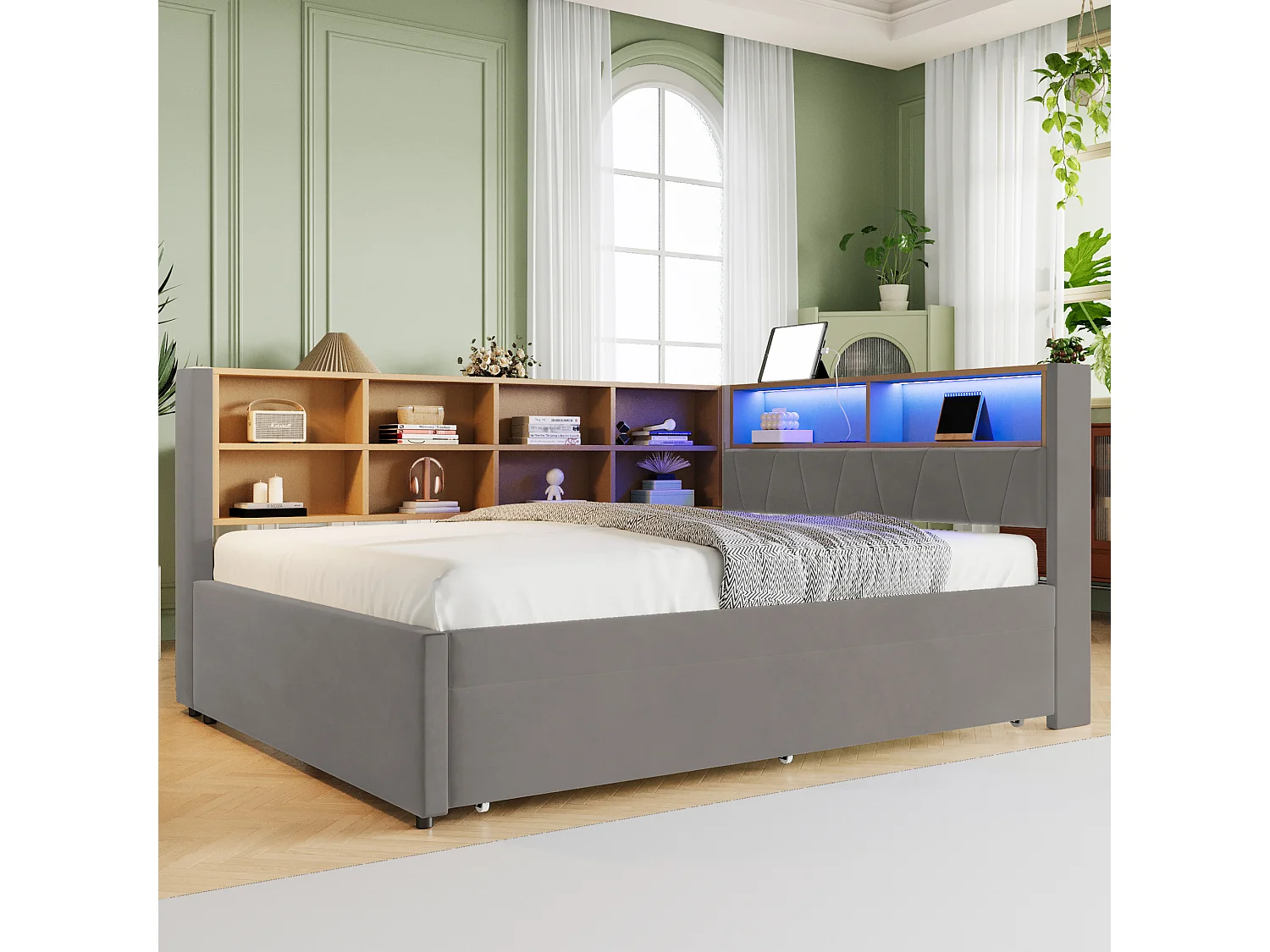 Canapé-Lit 140 x 200 cm - Avec Lit Gigogne 90 x 190 cm - En Flanelle - LED + Ports USB/Type-C + Rangement - Sans Matelas - Gris Fonce