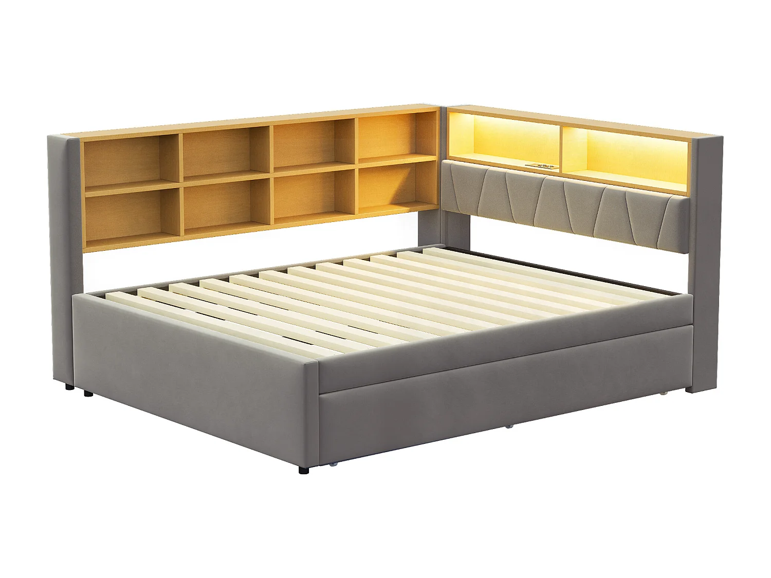 Canapé-Lit 140 x 200 cm - Avec Lit Gigogne 90 x 190 cm - En Flanelle - LED + Ports USB/Type-C + Rangement - Sans Matelas - Gris Fonce