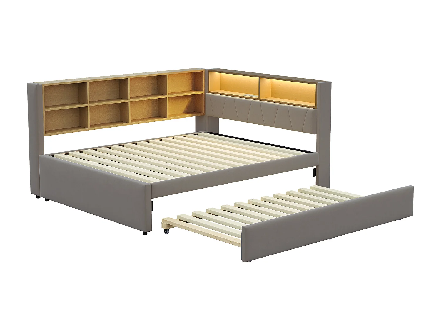 Canapé-Lit 140 x 200 cm - Avec Lit Gigogne 90 x 190 cm - En Flanelle - LED + Ports USB/Type-C + Rangement - Sans Matelas - Gris Fonce