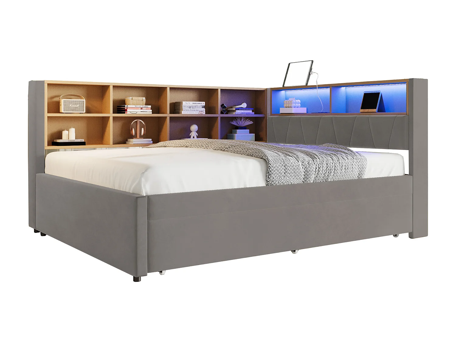 Canapé-Lit 140 x 200 cm - Avec Lit Gigogne 90 x 190 cm - En Flanelle - LED + Ports USB/Type-C + Rangement - Sans Matelas - Gris Fonce