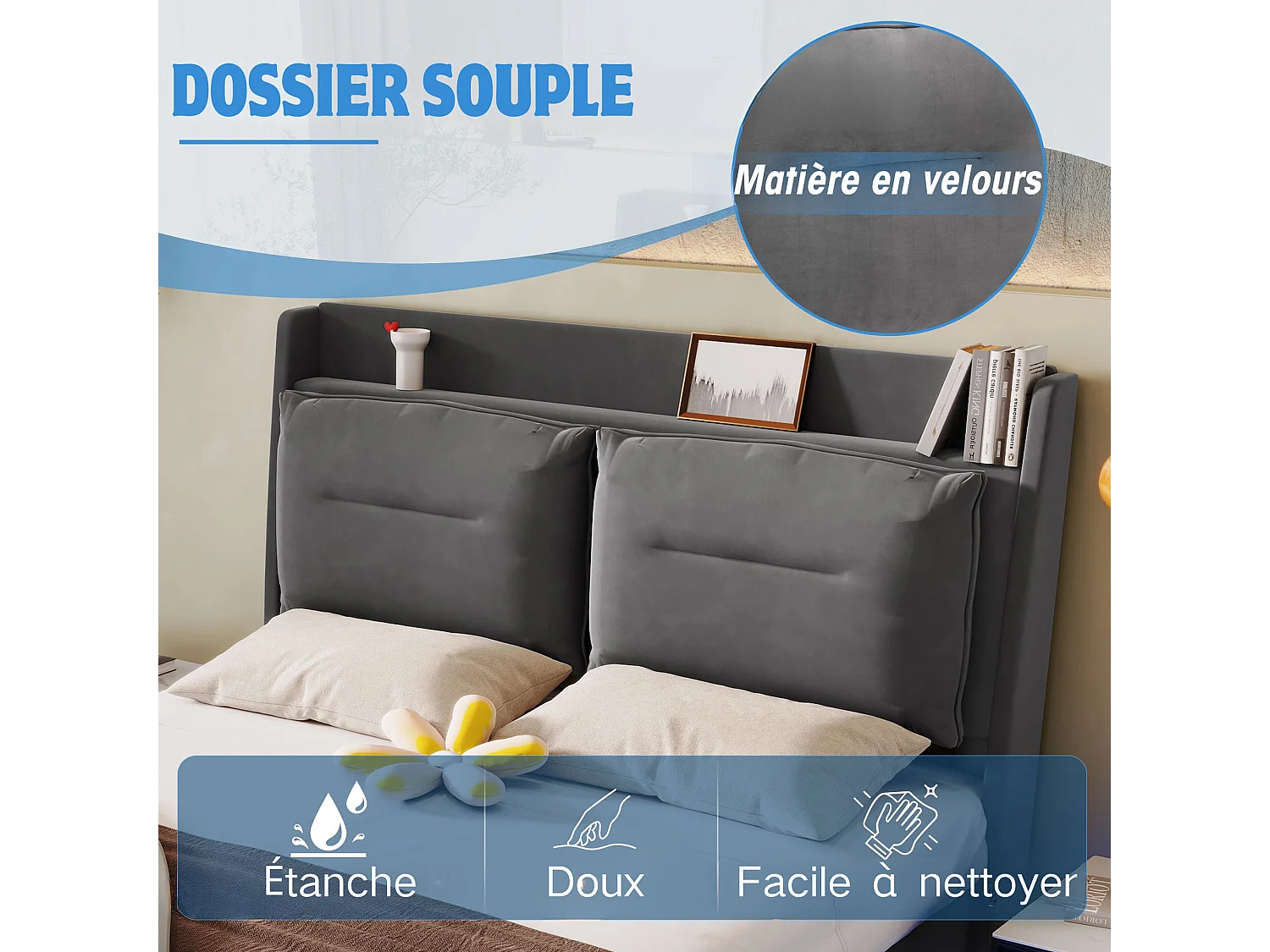 Lit Capitonné 140 x 190 cm - Lit Coffre Hydraulique Avec Tiroir 2 en 1 Et Bandes LED Intégrées Réglables - En Velours - Gris Foncé - Sans matelas