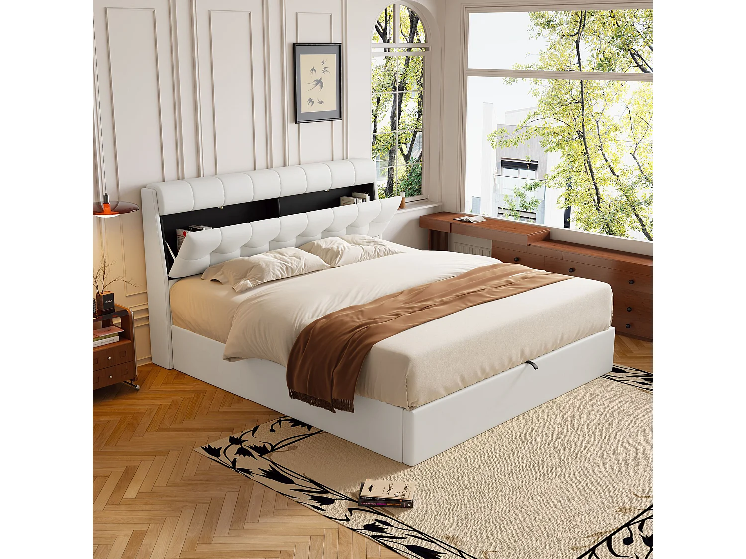 Lit coffre moderne 140 x 190 cm avec rangement de tête de lit, sommier à lattes, PU blanc, sans matelas