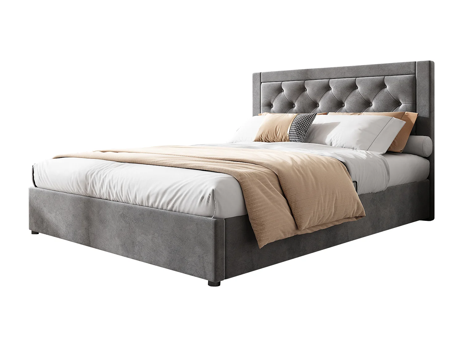 Lit double Lit coffre 140x200 cm, avec tête de lit, sommier, structure en acier, gris, sans matelas