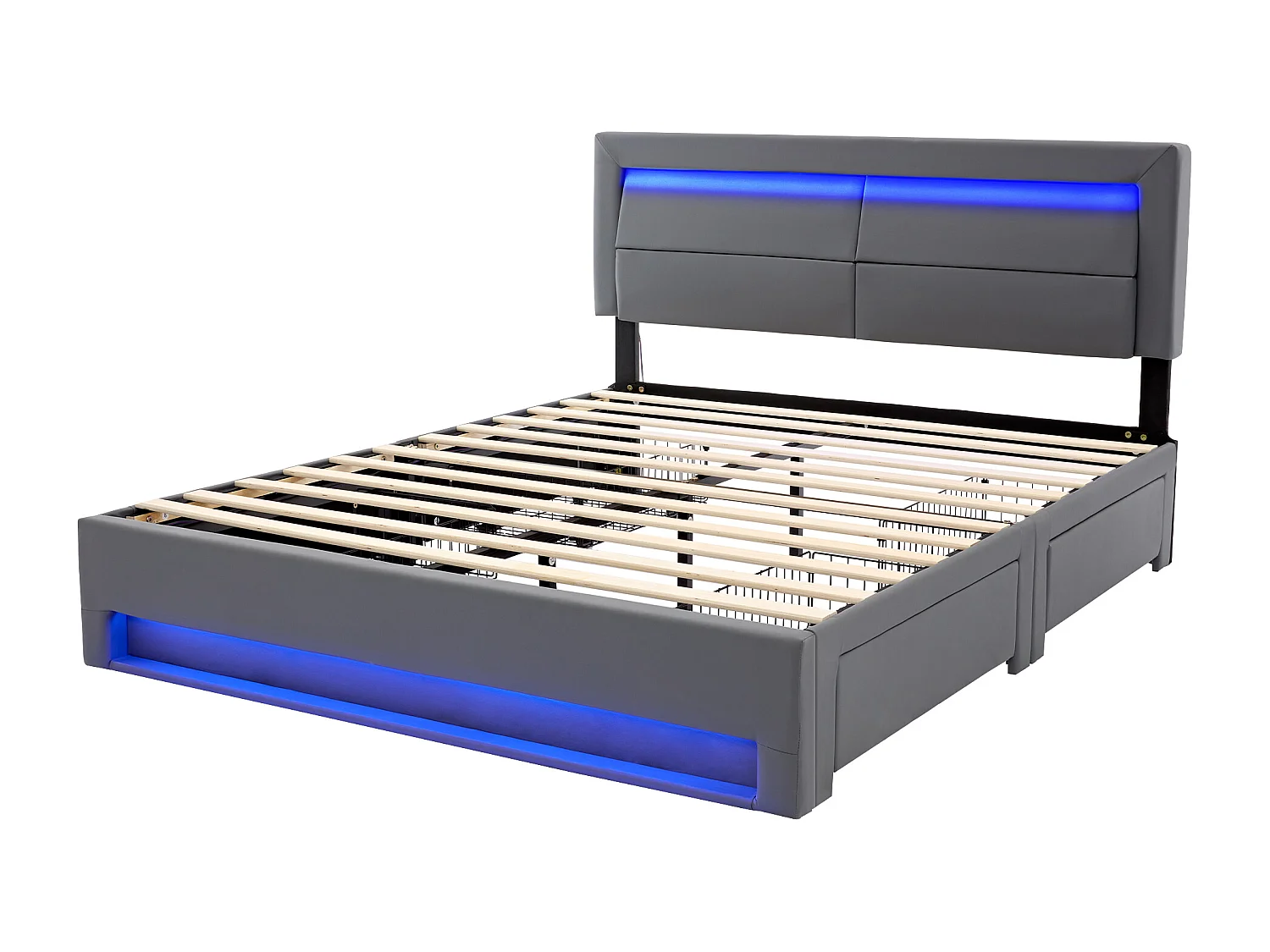 Lit adulte 140 x 200 cm avec port USB et Tête de lit réglable, LED et rangement, PU gris, sans matelas