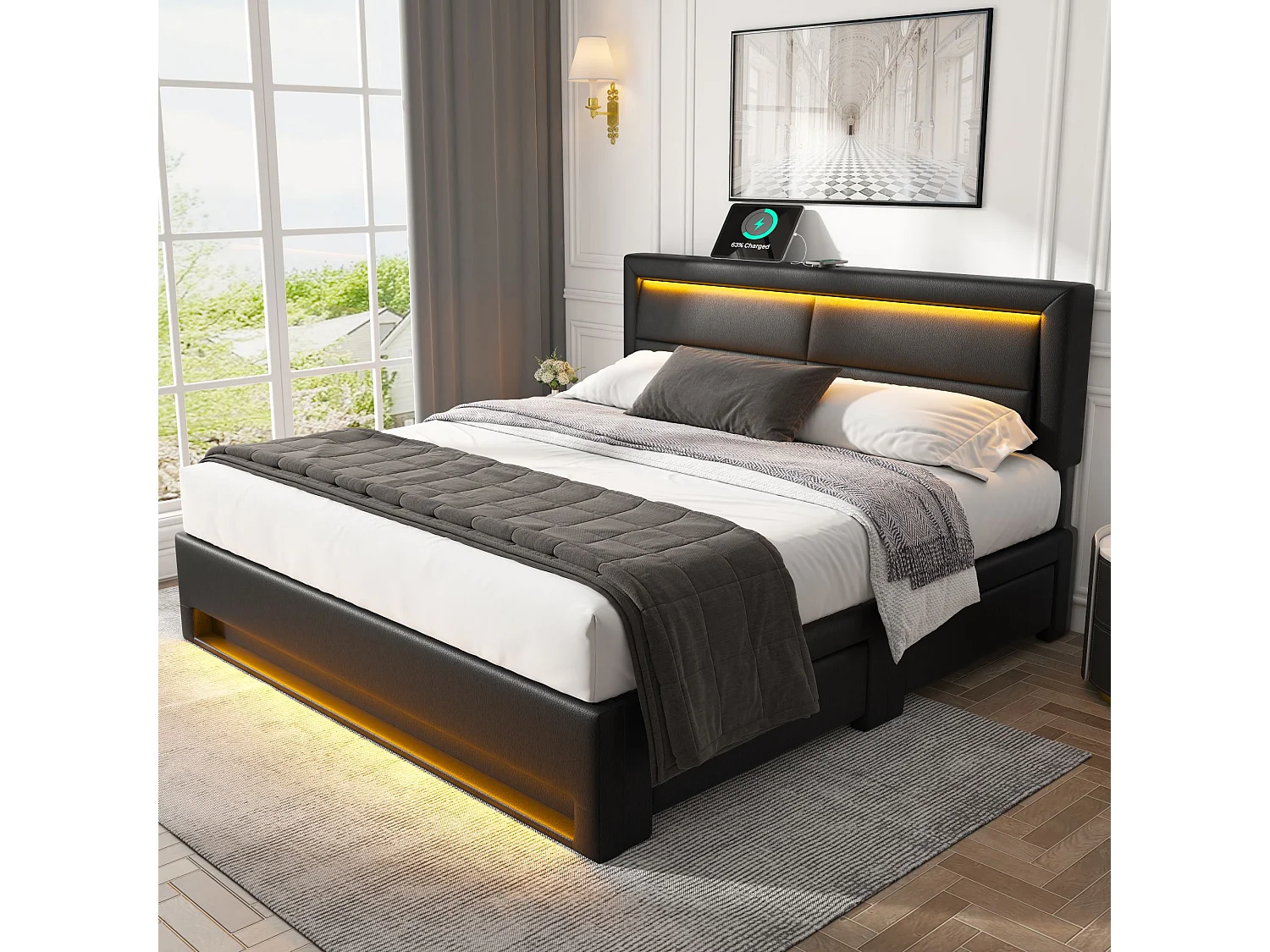Lit adulte 140 x 190 cm avec port USB et Tête de lit réglable, LED et rangement, PU noir, sans matelas