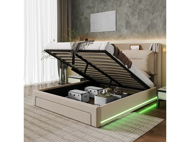 Lit coffre moderne 160x200 cm, LED, tiroirs de rangement 2 en 1 en bout de lit, velours beige, sans matelas