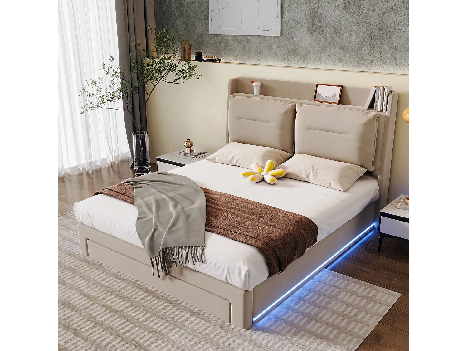 Lit coffre moderne 160x200 cm, LED, tiroirs de rangement 2 en 1 en bout de lit, velours beige, sans matelas