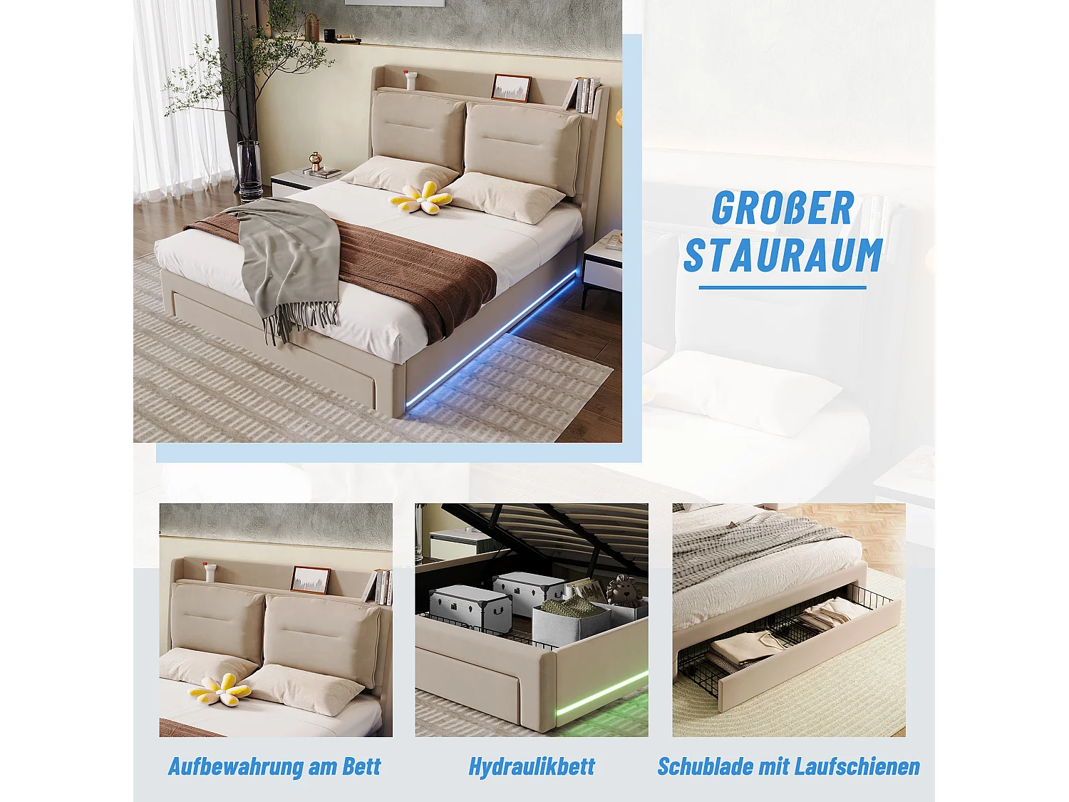 Lit Coffre Hydraulique 160 x 200 cm - En Velours - Tiroirs 2-en-1 au pied & LED réglable - Sommier à lattes - Beige - Sans Matelas