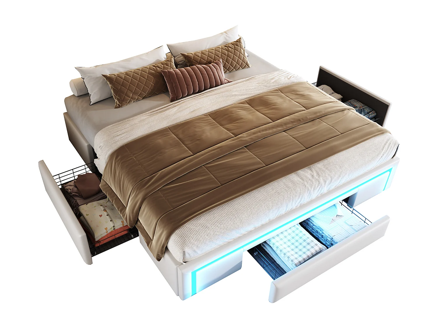 Cadre de lit moderne 180X200 cm, 3 tiroirs, sans tête de lit, LED, lattes métalliques, PU beige, sans matelas