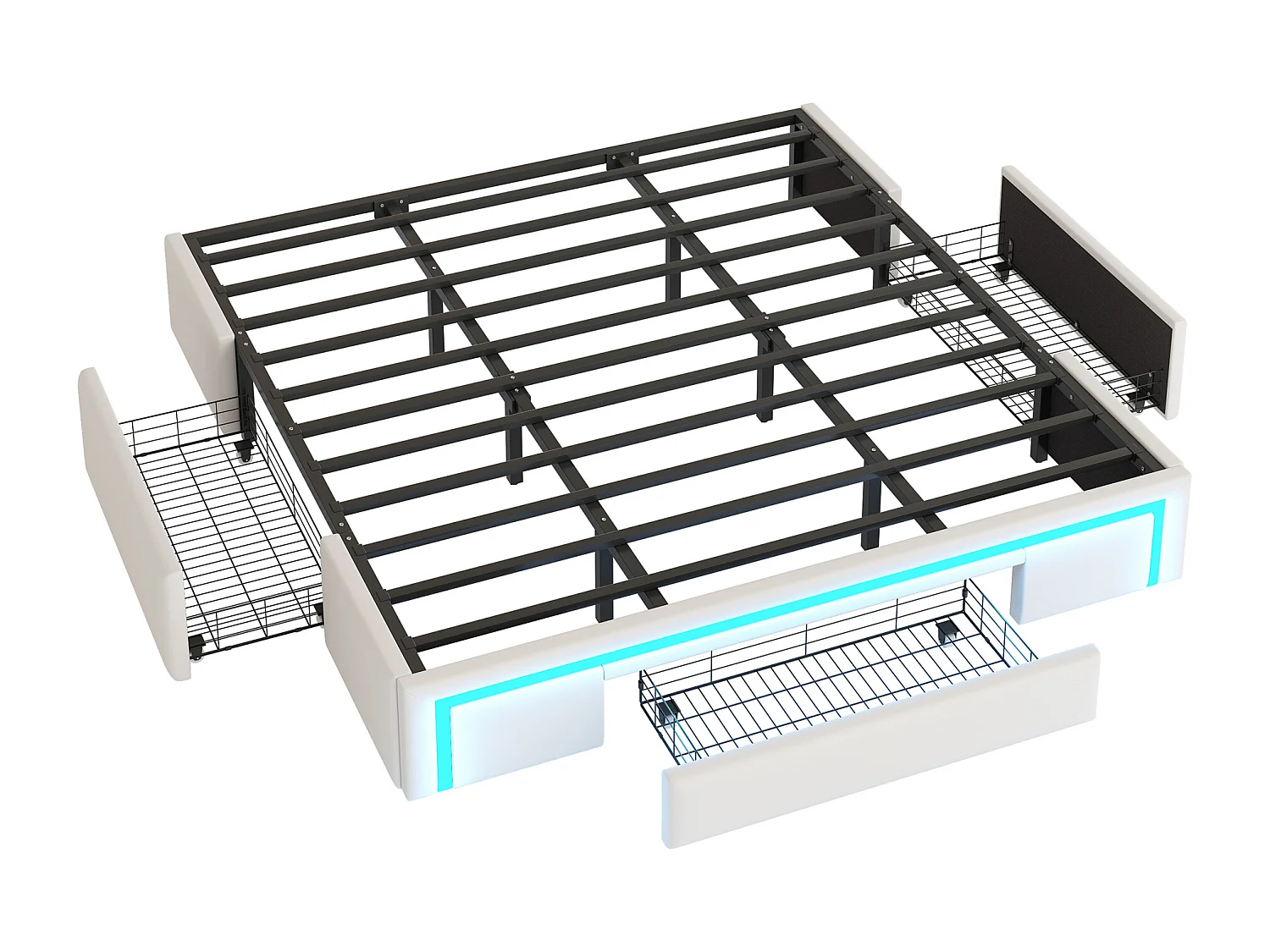 Cadre de lit moderne 180X200 cm, 3 tiroirs, sans tête de lit, LED, lattes métalliques, PU beige, sans matelas