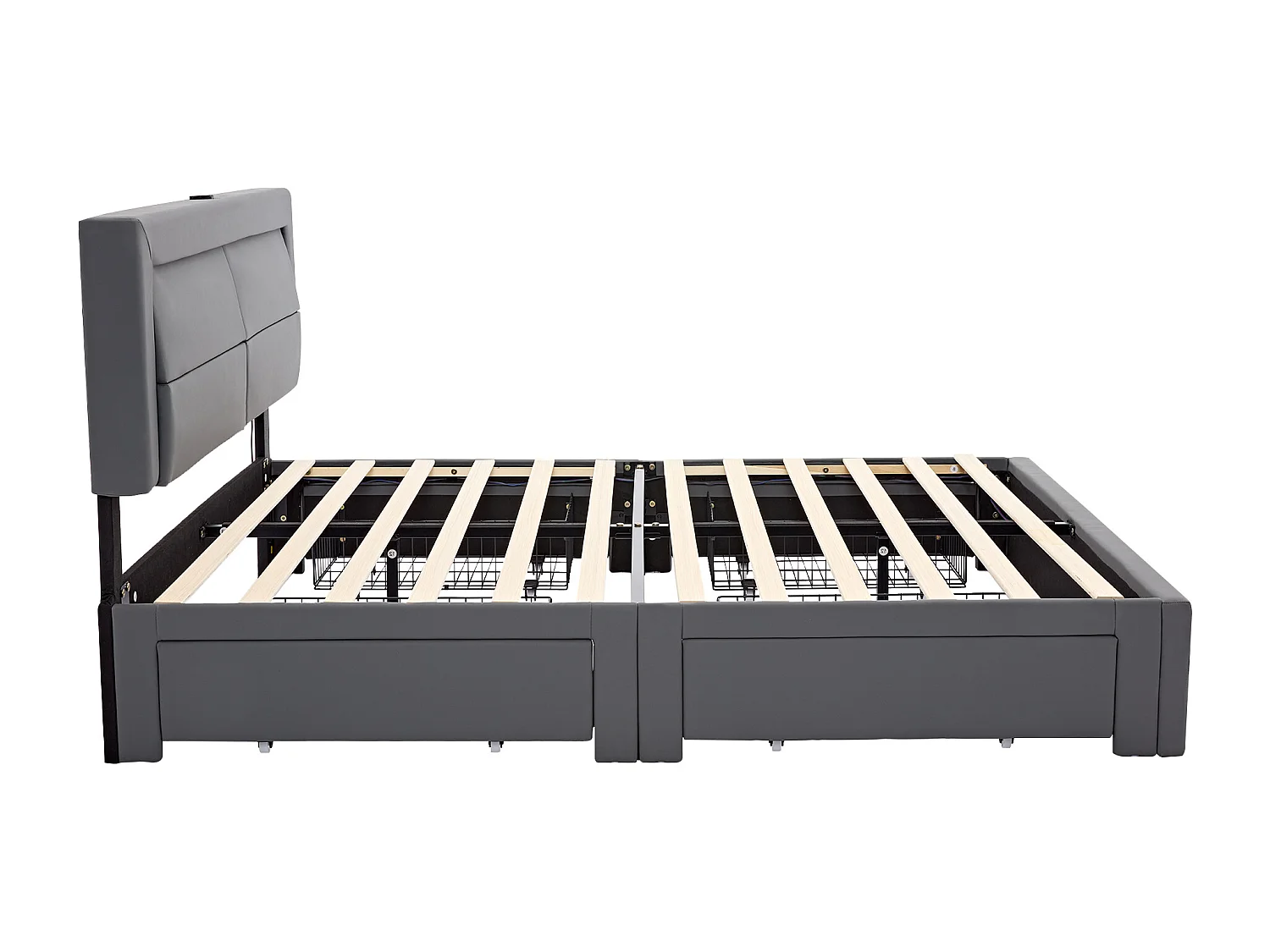 Lit adulte 140 x 190 cm avec port USB et Tête de lit réglable, LED et rangement, PU gris, sans matelas